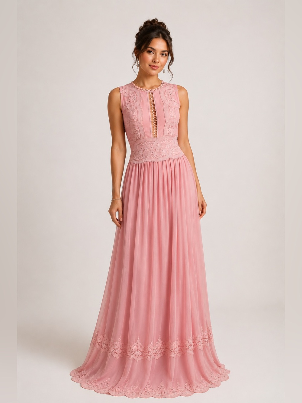INA Pink‎ Lace Maxi Dress L Romantic Fairycore Prairie Formal Wedding Guest